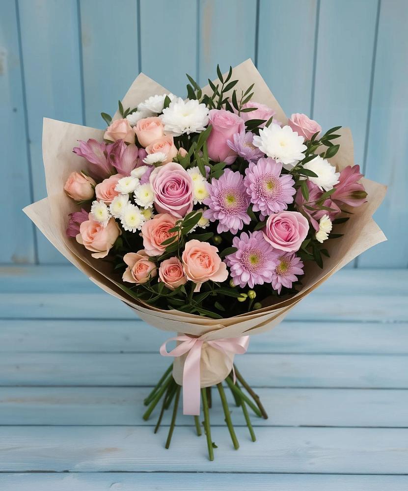 Букет цветов из: Хризантемы, Розы и Альстромерии в Ярославской Краснодарский край