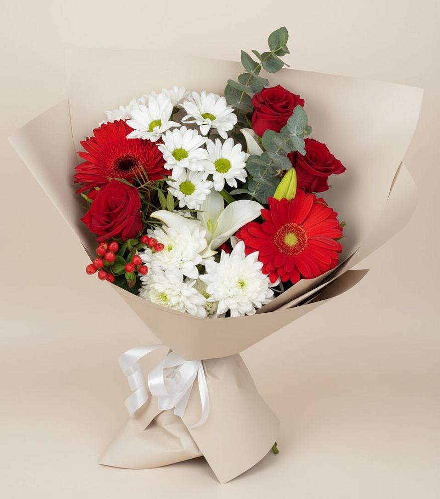 Букет цветов из: Розы, Хризантемы, Герберы и Лилии в Ярославской Краснодарский край