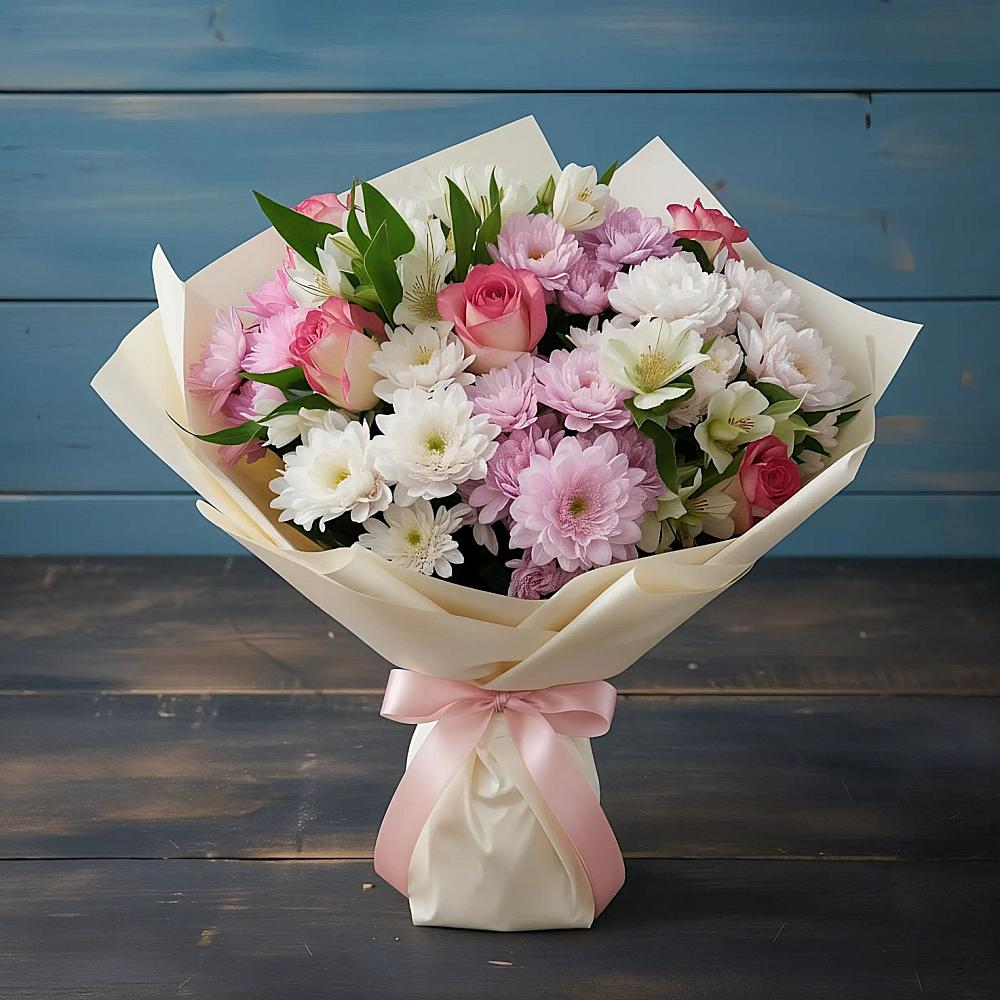 Букет цветов из: Хризантемы, Альстромерии и Розы в Ярославской Краснодарский край